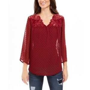 Style & Co Sheer-Sleeve Blouse, Eyelet Red, Size M, Mixed-Media Top